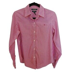Lauren Ralph Lauren Pink Stripe No Iron Button Blouse Shirt Cotton S Embroidered